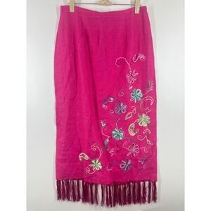 Muse Pink 100% Linen Embroidered Floral Tassel Fringe Midi Skirt Womens Size 8